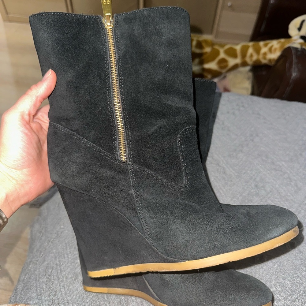 Coach Danee Black Suede Fur Lined Wedge Boots Booties size(37.5EU)